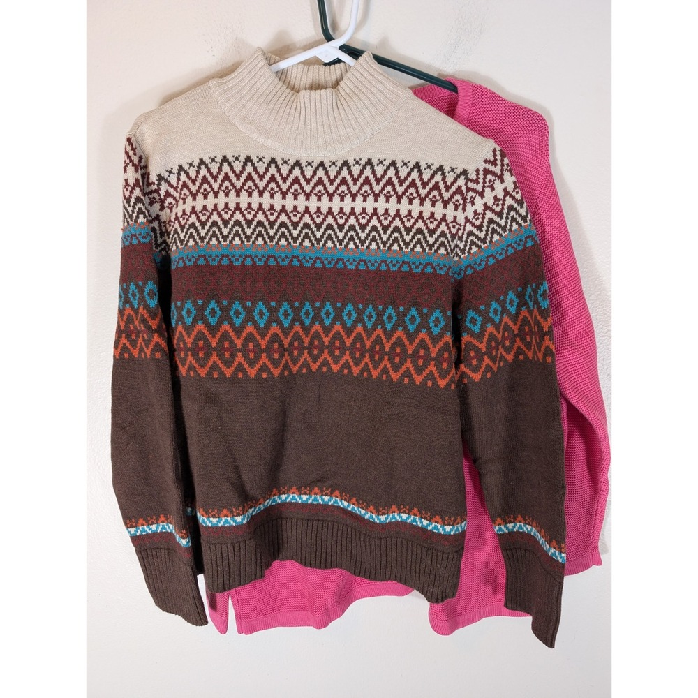 Pendleton Womens L Lot of 3 Cotton Sweaters Fair Isle Mock Neck Peach Pink